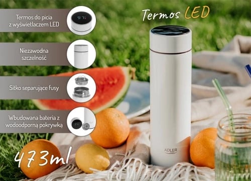 Termus, Adler, AD 4506, 473ml, ekran LED me prekje, izolim vakum, çelik inox SS304, e bardhë