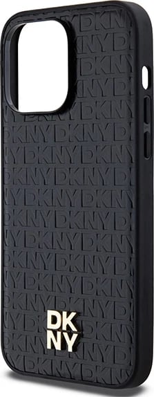Mbështjellës DKNY Leather Monogram Pattern Metal Logo MagSafe për iPhone 14 Pro Max, Zi