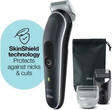 Makinë rroje trupit, Braun BG5350 BodyGroomer Series 5, SkinShield, me 2 krehra + qese mbajtëse, argjendtë/zezë/kafe