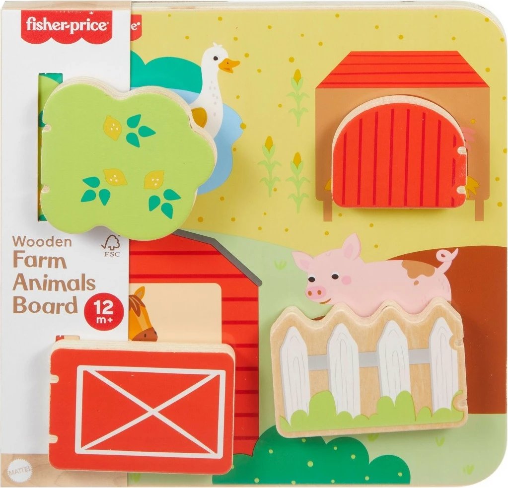 Lodër druri Fisher Price Wooden Farm Board "Peekaboo", shumëngjyrëshe, për fëmijë 12+ muajsh