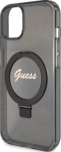 Mbështjellës Guess Ring Stand Script Glitter MagSafe për iPhone 15 Plus / 14 Plus, i zi