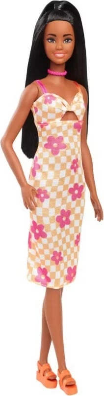 Kukull Barbie Fashionistas Mattel FBR37/HYT91, fustan portokalli me motive lulesh