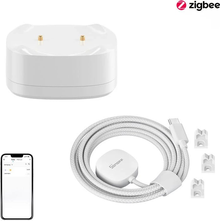 Set sensor për rrjedhje uji Sonoff SNZB-05P me kabllo WLDC200, ZigBee, i bardhë