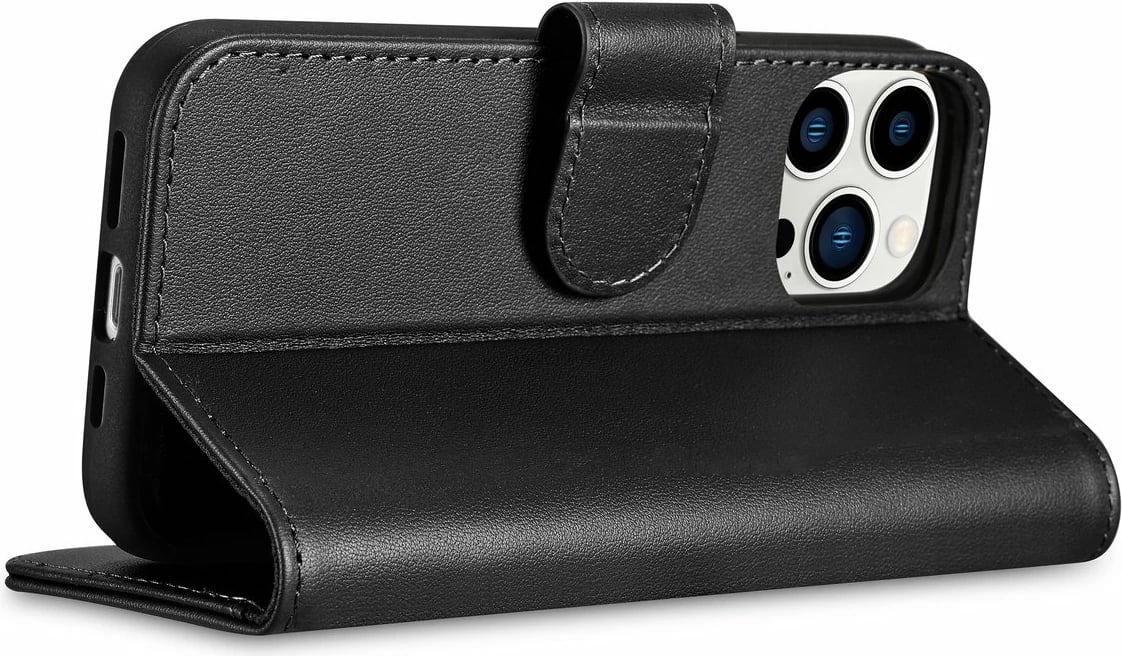 Mbështjellës iCarer Wallet Case 2in1 për iPhone 14 Pro, lëkurë natyrale, Anti-RFID, e zezë