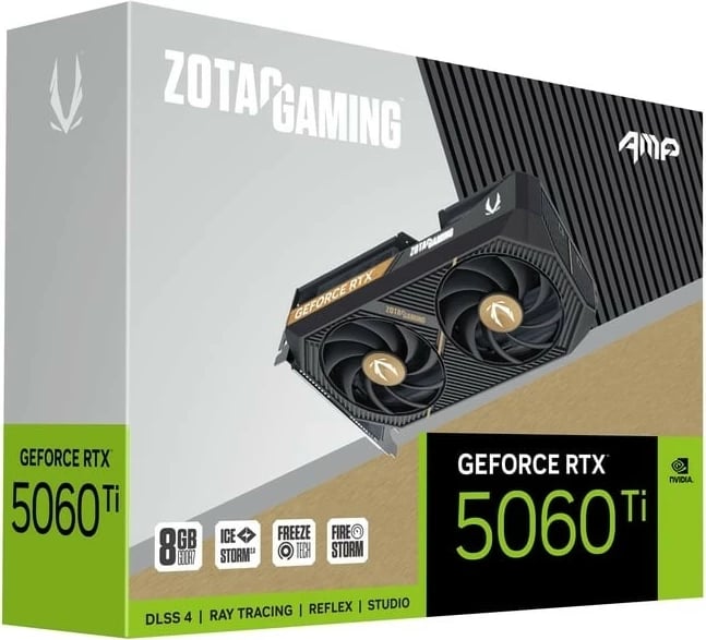 Kartë grafike, ZOTAC, GeForce RTX 5060 Ti AMP (ZT-B50610F-10M), 8GB GDDR7, 128-bit, 3x DisplayPort/HDMI, PCIe 5.0 x8