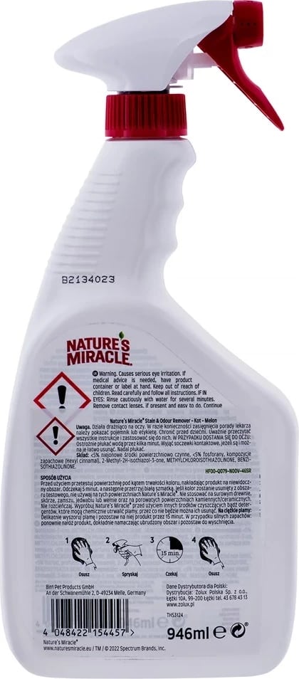 Spray pastrimi NATURE'S MIRACLE Stain & Odour Remover për mace, 946 ml