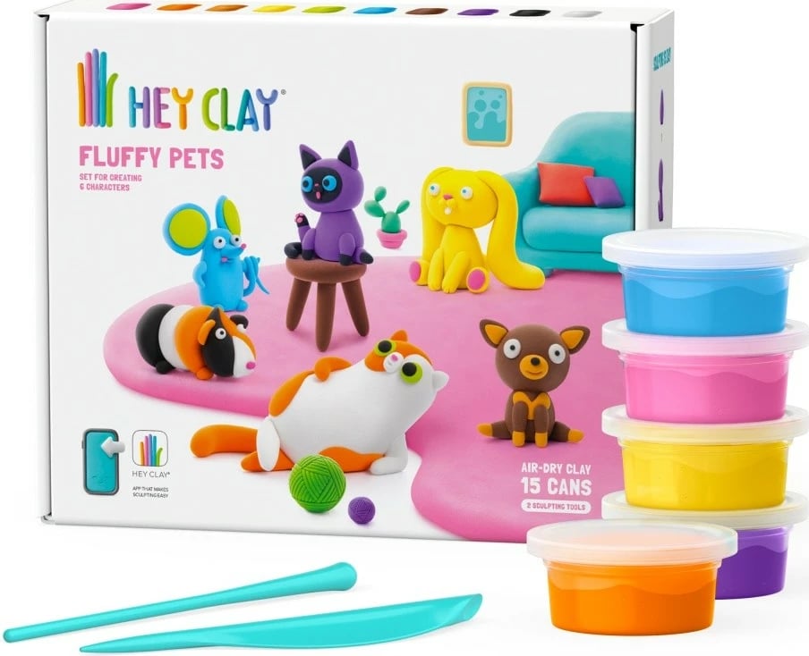 Set plasteline Hey Clay HCL15023 15 kanaçe 10 ngjyra krijim 6 figurina me aplikacion ajro-thajëse për 3+