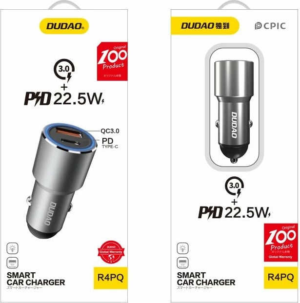 Karikues veture Dudao R4PQ, 22.5W, 2 porta USB-A/USB-C, Gri
