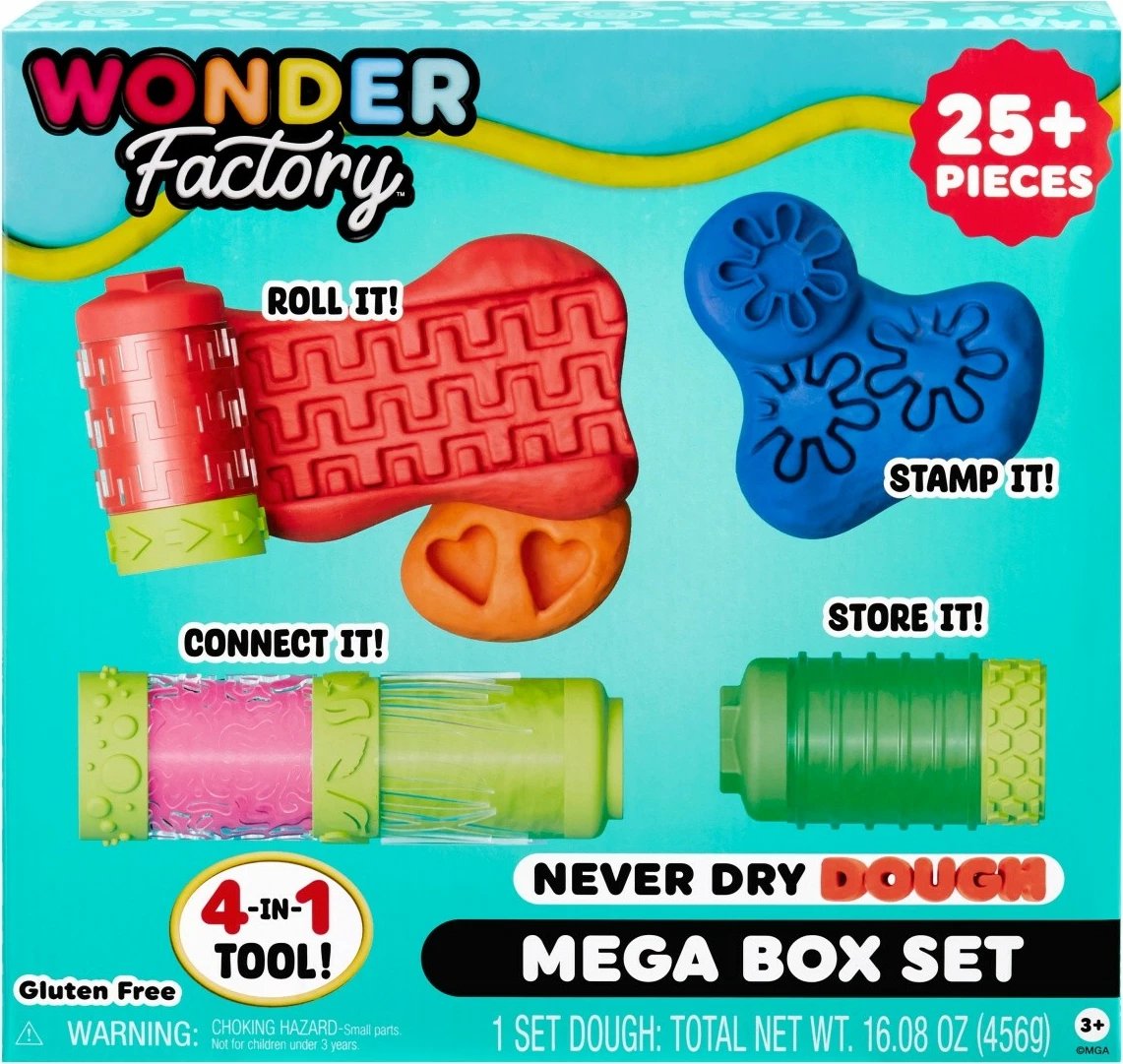 Set plasteline Wonder Factory Never Dry Dough Mega Box, MGA, 8 ngjyra, 25+ pjesë