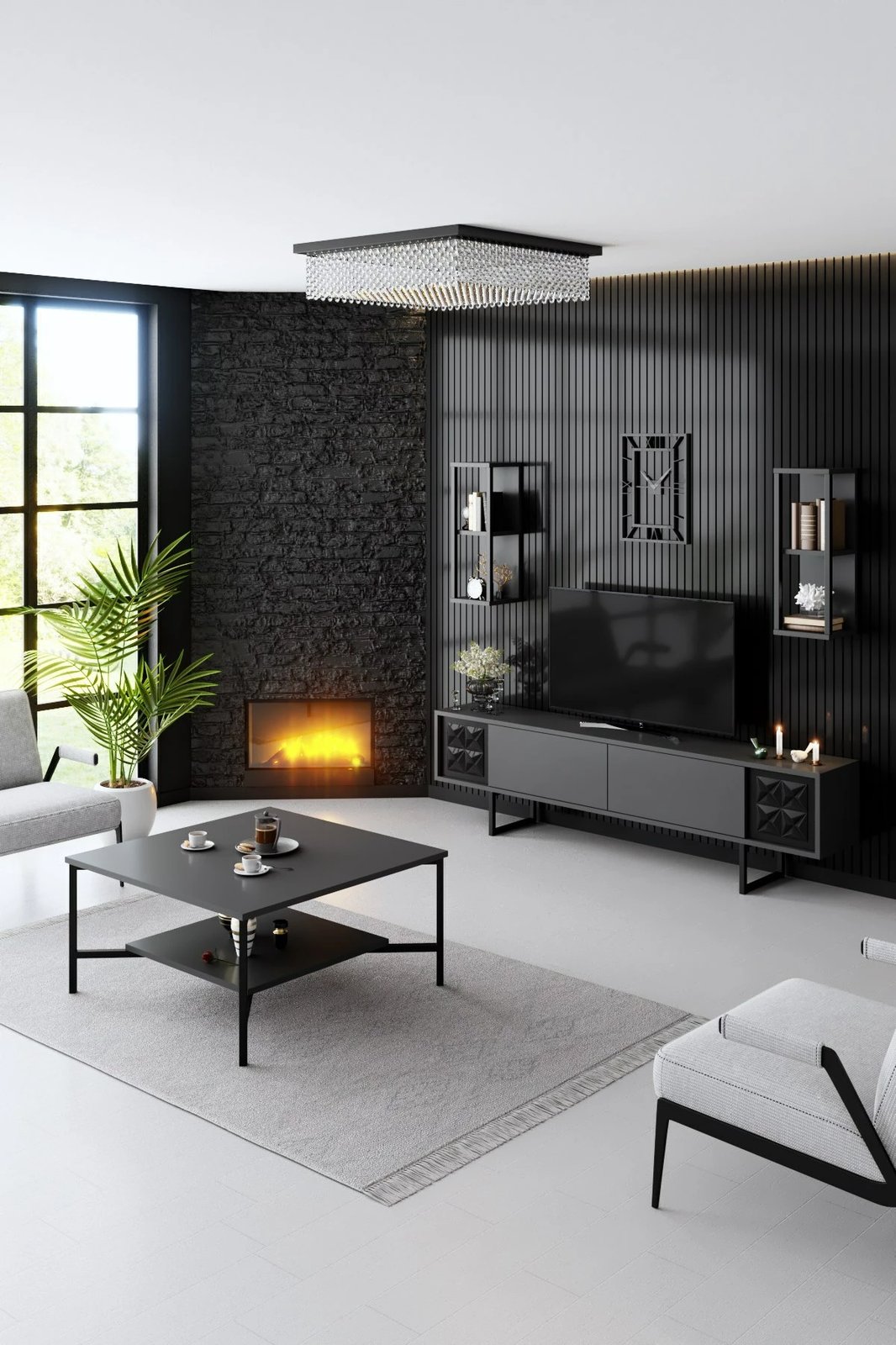 Set mobiljesh për dhomë dite Skye Decor, linjë e zezë, anthracite, e zezë