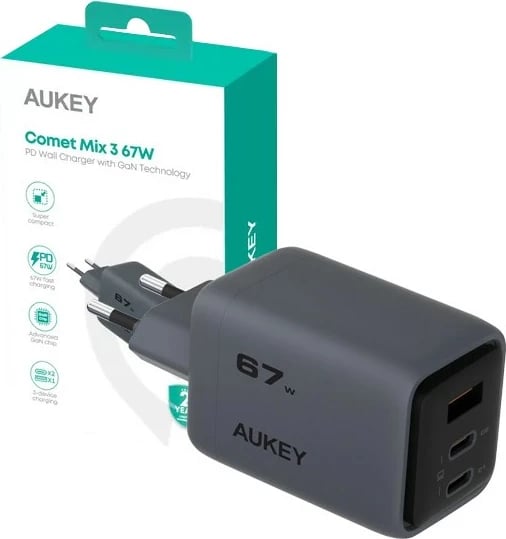 Karikues rrjeti AUKEY PA-C3 Comet Mix 3, 67W, 3xUSB (2xUSB-C + 1xUSB-A), Gri
