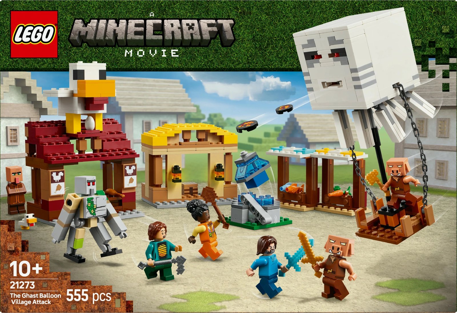 Set ndërtimi LEGO The Ghast Balloon Village Attack, 555 pjesë, plastikë, shumëngjyrësh