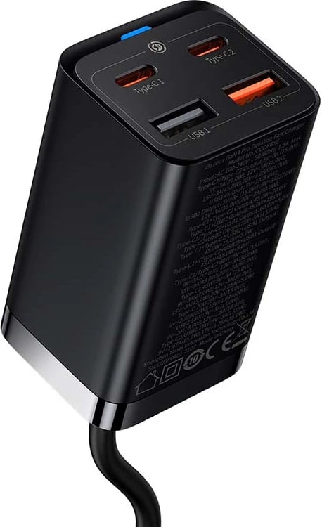 Karikues i shpejtë Baseus GaN3 Pro, 65W, 2x USB-C, 2x USB-A, i zi, me kabllo 1.5m