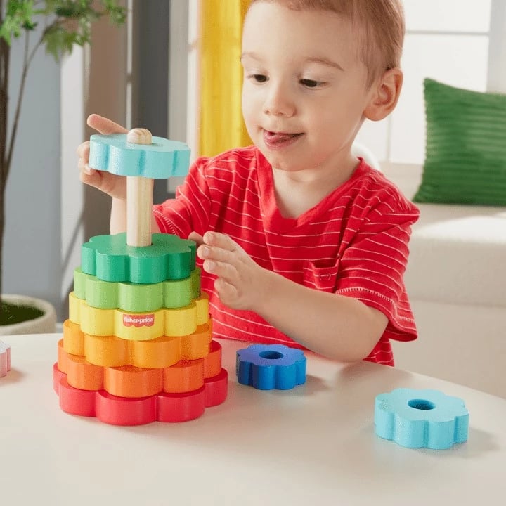 Lodër druri Fisher Price Wooden Pyramid HXT77, shumëngjyrëshe, 10 pjesë