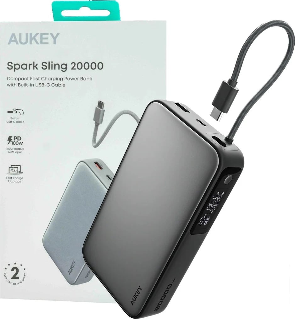 Power bank AUKEY PB-Y48 Spark Sling, 20000mAh, 130W, 4xUSB, LED, kabllo USB-C, Gri