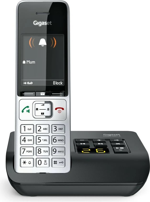 Telefon fiks Gigaset COMFORT 500A, analog/DECT, regjistrues automatik, ekran ngjyrë, 200 kontakte, i zi/argjendtë Telefon fiks Gigaset COMFORT 500A, analog/DECT, regjistrues automatik, ekran ngjyrë, 200 kontakte, i zi/argjendtë