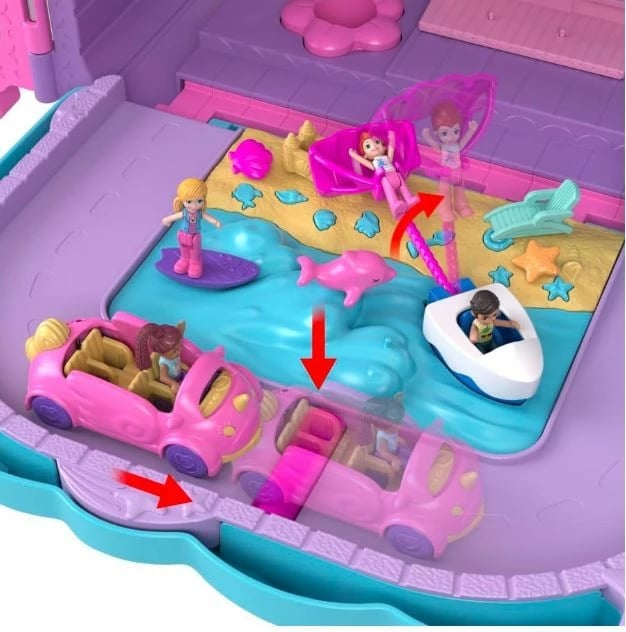 Set lodrash Polly Pocket Mattel HKV43 Vacation Resort me 4 kukulla dhe 1 veturë, rozë