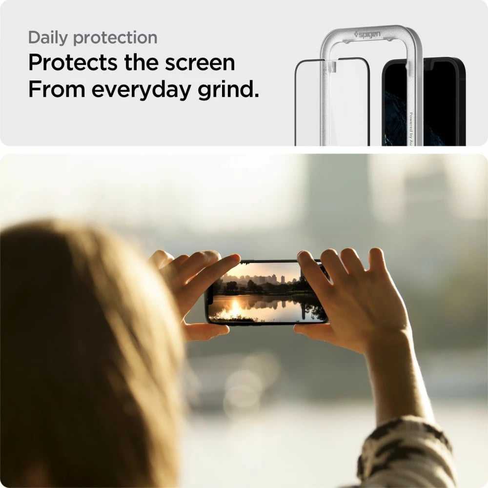 Xham mbrojtës Spigen ALM Glass FC për iPhone 13/13 Pro/14, i zi