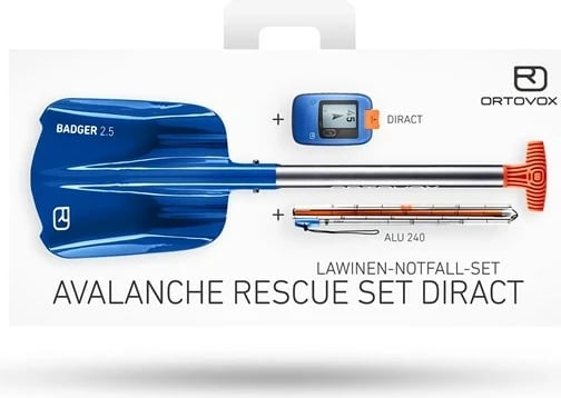Set shpëtimi nga orteku Ortovox Avalanche Rescue Set Diract, me lopatë Badger 2.5, transceiver Diract, sondë ALU 240, Blu