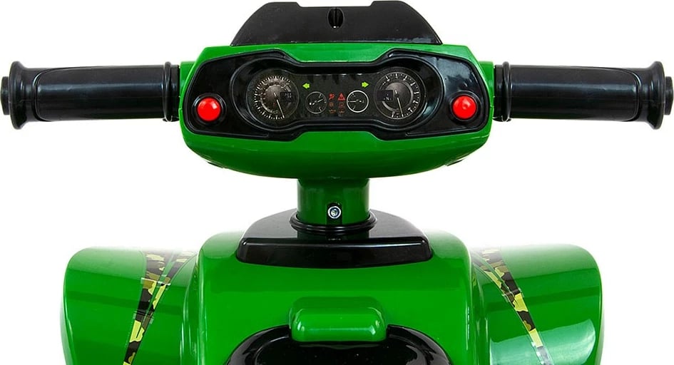 Katër-rrotësh lodër për fëmijë Milly Mally Monster Military me timon interaktiv dhe tinguj, nga 12m+, ngarkesë 25 kg, jeshile