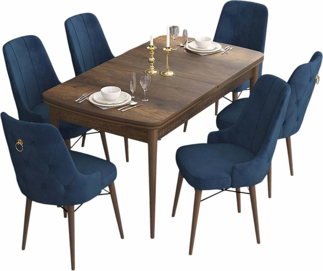 Tavolinë me karrige, zgjatshme, 7 copë, ngjyrë barok dhe kaltër e errët, Skye Decor