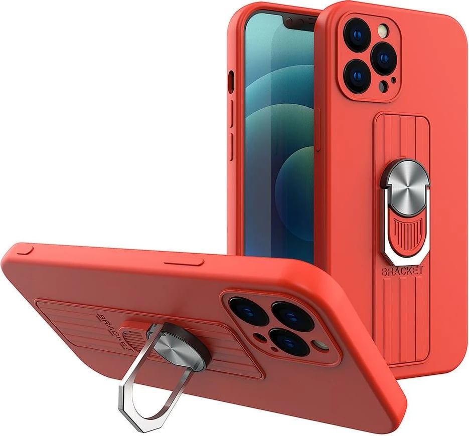 Mbështjellës silikoni Hurtel Ring Case me dorezë dhe stand për Samsung Galaxy S21 Ultra 5G, Kuq