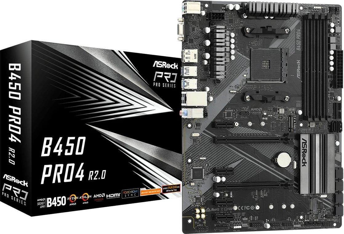 Pllakë amë ASRock B450 PRO4 R2.0, Socket AM4, ATX, 128GB DDR4, HDMI, DisplayPort, e zezë