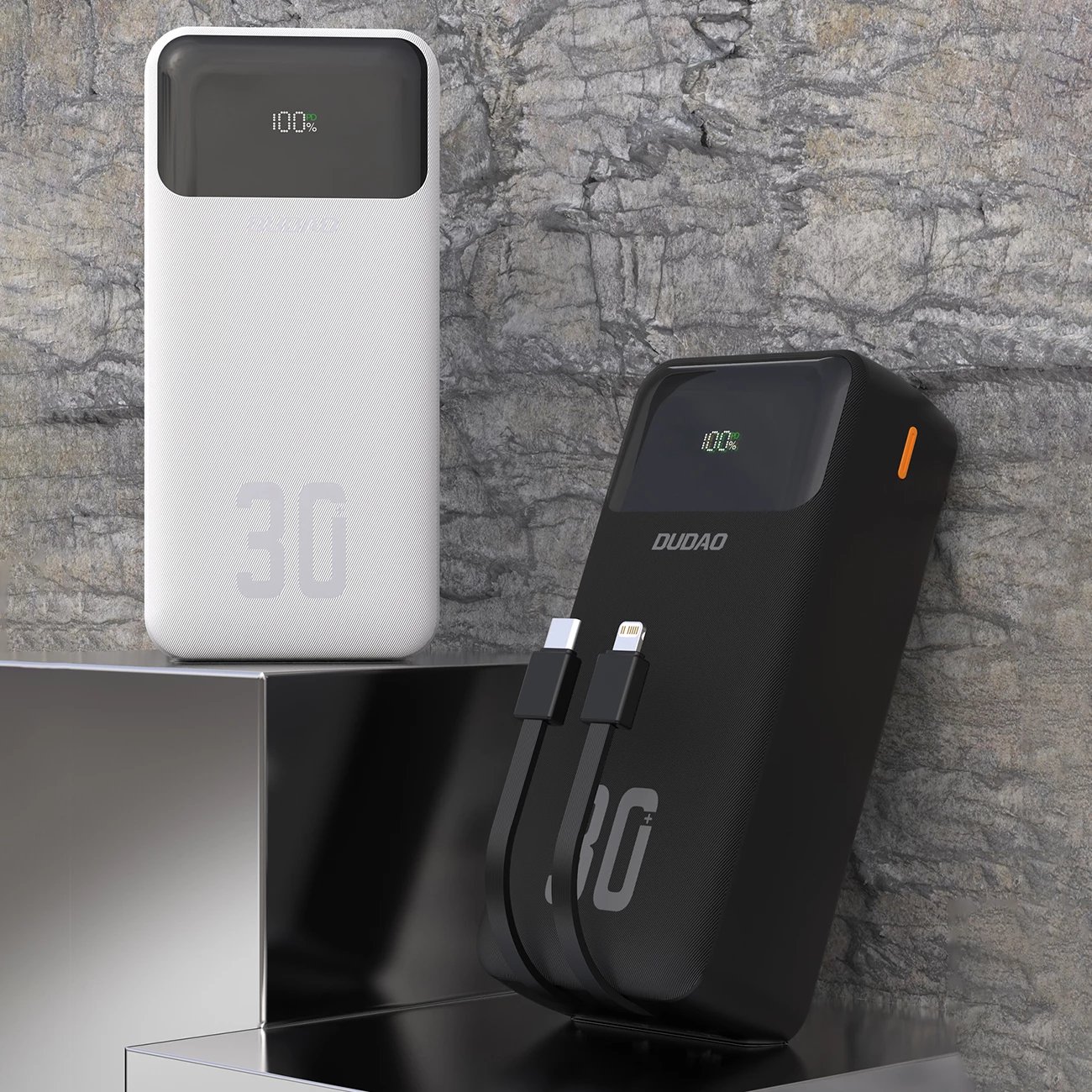 Powerbank Dudao K15MAX, 30000mAh, 22.5W, me kabllo të integruara, e zezë