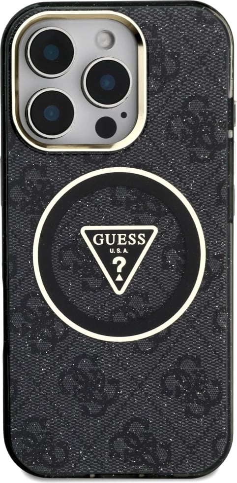 Mbështjellës Guess IML Metal Glitter 4G Circle Triangle MagSafe për iPhone 16 Pro Max, Zi