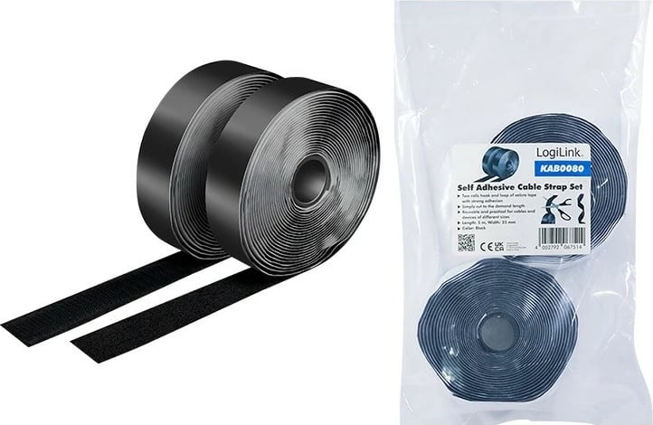 Set shirita vetëngjitës me grep-dhe-lupë për kabllo, LogiLink KAB0080, 5 m x 25 mm, çift shiritash, i zi