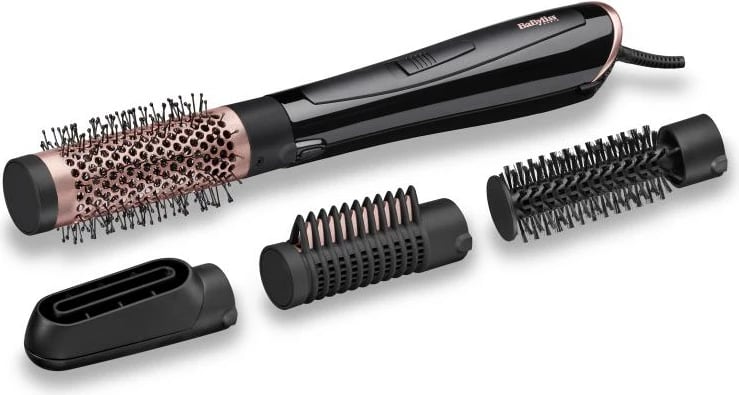 Furçë ajri e nxehtë, BaByliss AS126E, 4 aksesorë (38 mm, 20 mm, drejtues, grykë tharjeje), teknologji jonesh anti-frizz, e zezë