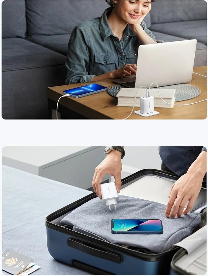 Karikues muri UGREEN CD275 me kabllo, 65W, 2x USB Type-C / USB-A, Bardhë