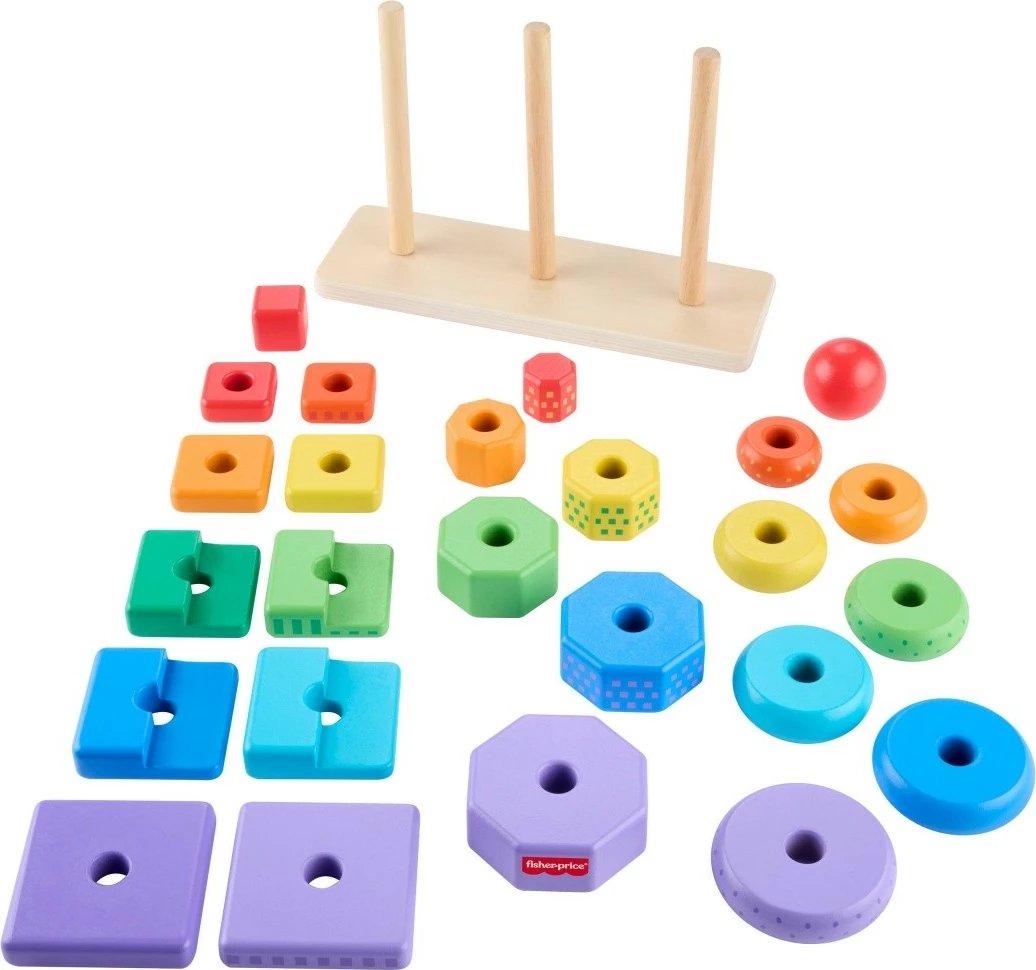 Lodër edukative prej druri Fisher Price HXT76, piramidë për renditje formash, shumëngjyrëshe, 25 pjesë