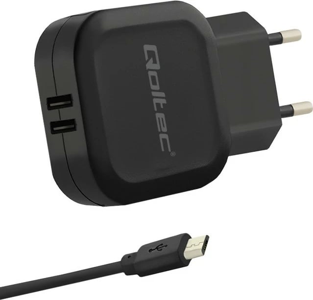 Karikues muri Qoltec 50187, 17W, 5V, 3.4A, 2xUSB + kabllo Micro USB, Zi