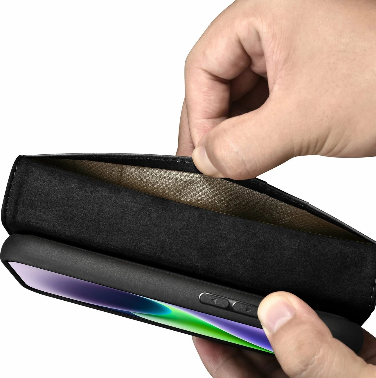 Mbështjellës iCarer Oil Wax Wallet Case 2in1 për iPhone 14, lëkurë natyrale, Anti-RFID, e zezë