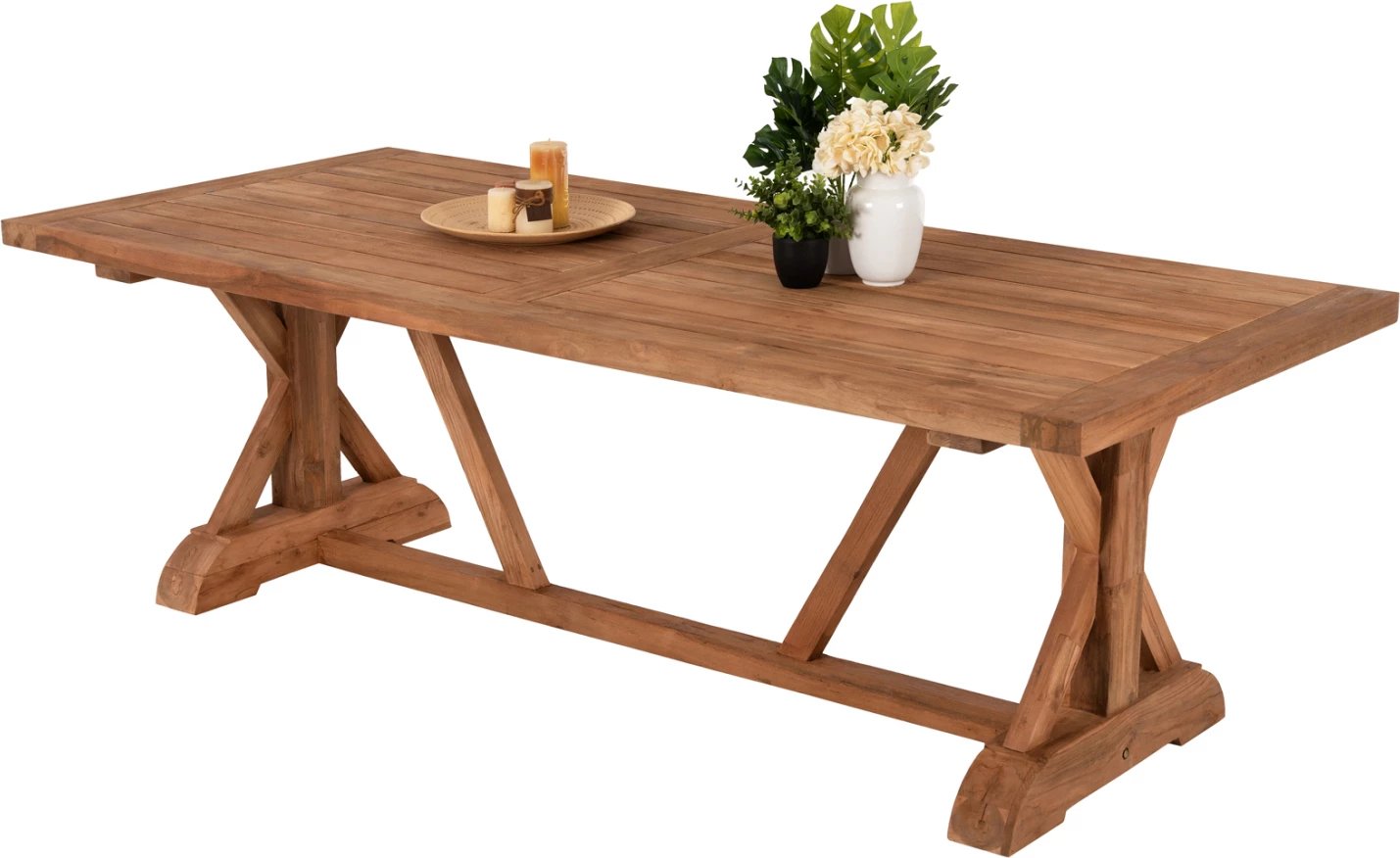 Tavolinë ngrënieje për jashtë, këmbë kryq, FH5964, dru TEAK i ricikluar, ngjyrë natyrale, 240x100x75H cm
