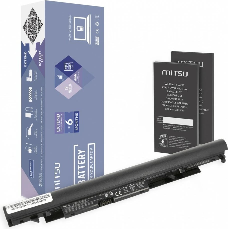 Bateri laptop Mitsu BC/HP-250G6-11.1, 2200 mAh, 11.1V, 4 qeliza, e zezë