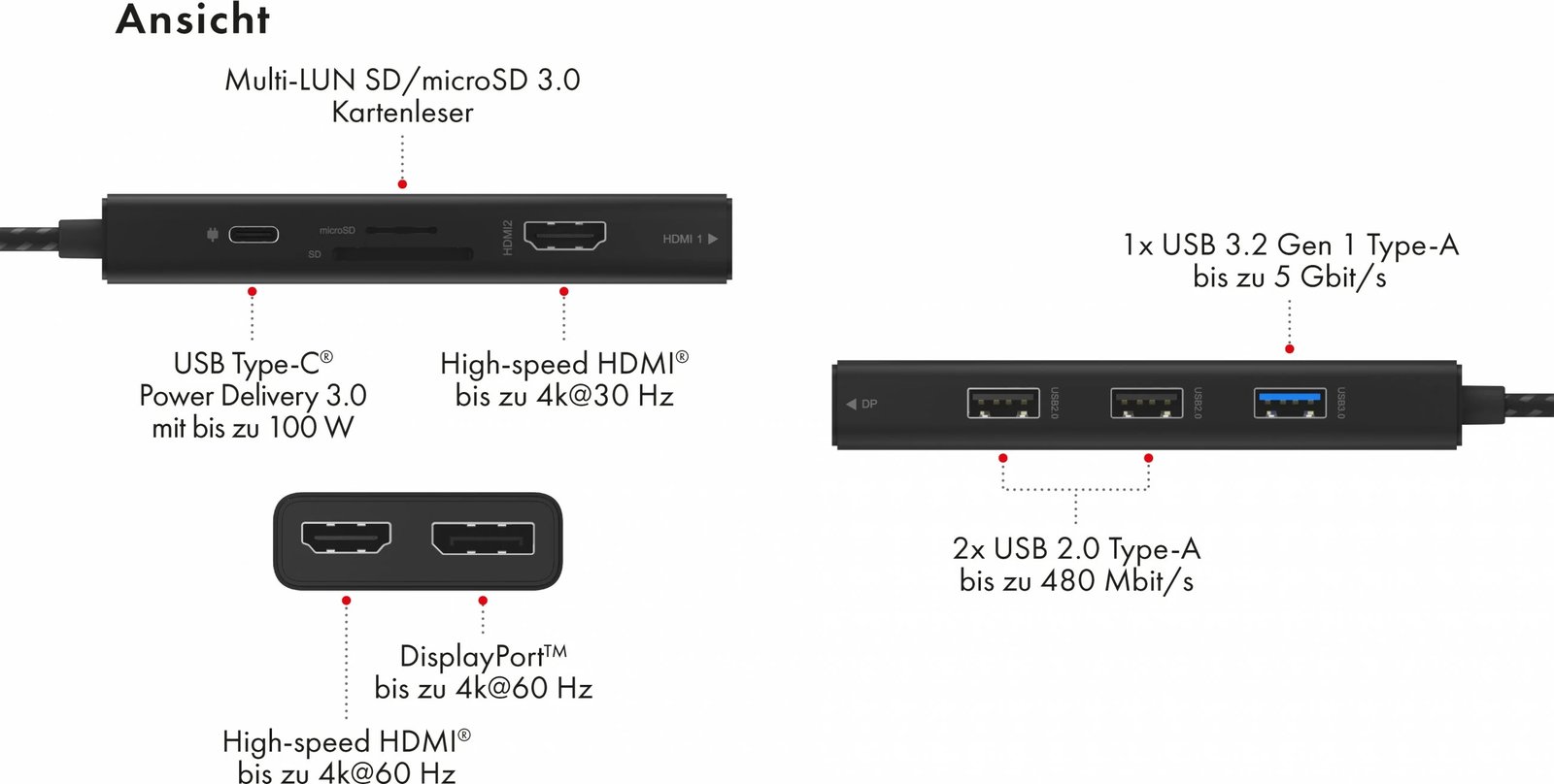 Docking station ICY BOX IB-DK4011-CPD, USB Type-C, HDMI, DisplayPort, MicroSD, e zezë