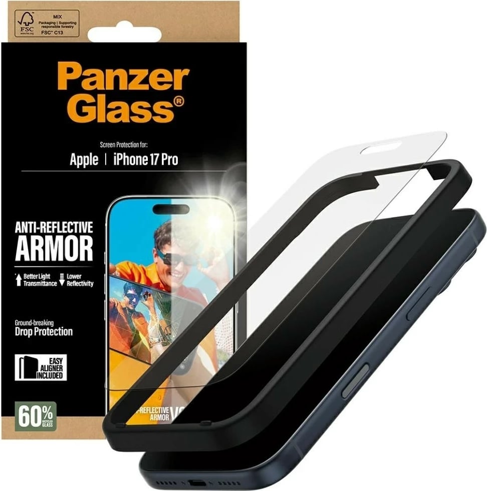 Mbështjellës xhami PanzerGlass Armor Anti-Reflective EasyAligner për iPhone 17 Pro, transparent