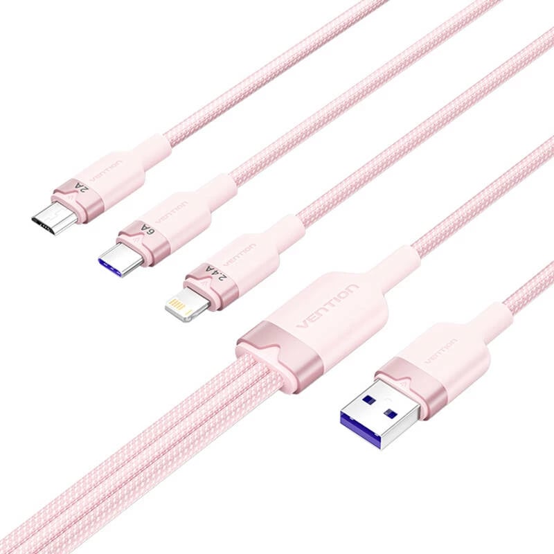 Kabllo 3-në-1 Vention CTRPG, 1.5m, USB 2.0 A në USB-C/Lightning/Micro-B, Rozë