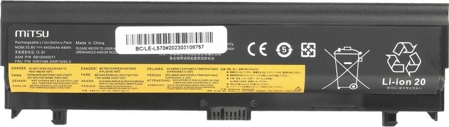 Bateri për laptop Mitsu BC/LE-L570, për Lenovo Thinkpad L560/L570, 4400 mAh, 6 qeliza, e zezë