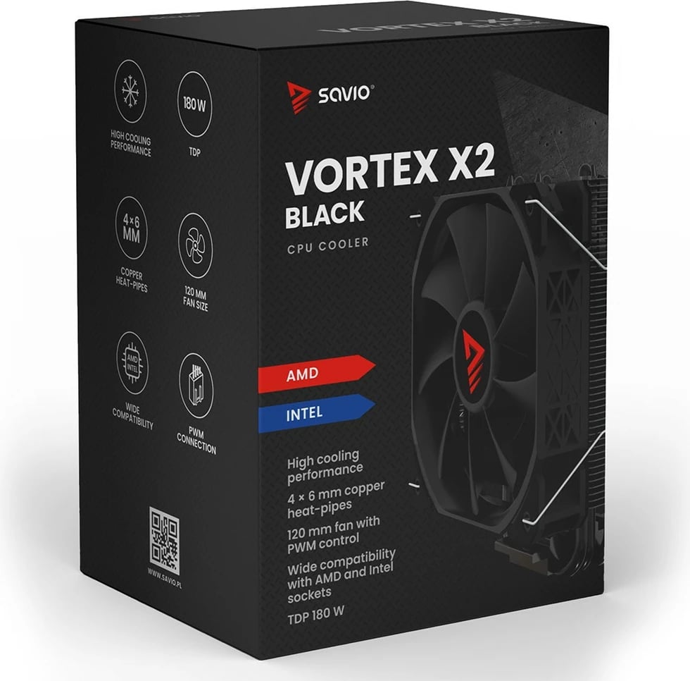 Ftohës procesori Savio Vortex X2 Black, 120 mm, 4-pin, për Intel/AMD, i zi