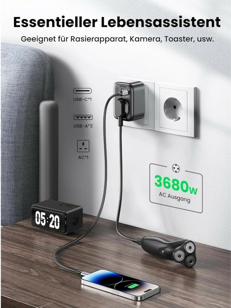 Karikues universal Ugreen 90613, 4 porta, USB-A/USB-C, 2990W, i zi