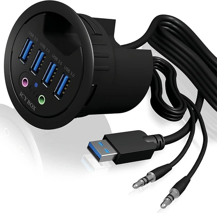USB hub ICY BOX IB-HUB1403A, 4 porta USB 3.0, audio in/out, plastikë, e zezë