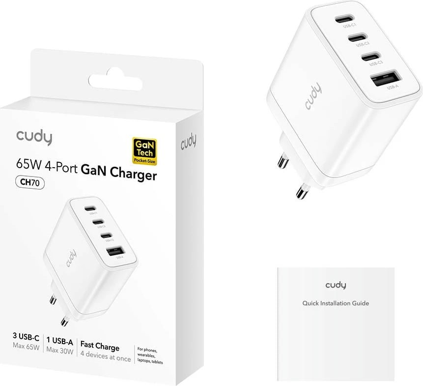 Karikues muri Cudy CH70_EU, 65 W, 3x USB-C, 1x USB-A, i bardhë