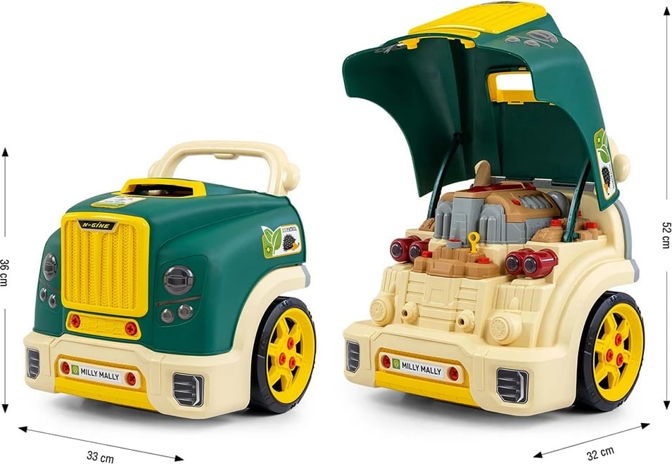Lodër edukative motor makine me kapak hapës, MILLY MALLY N-GINE, efekte dritë/tingull, timon me borinë, 3 AA, 3+ , e gjelbër, set 56 copë