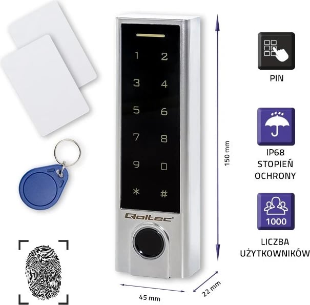 Kyçja me kod Qoltec 52449 PROTEUS, me lexues të gishtërinjve | RFID | Kod | Kartë | çelës fob | Zile | IP68 | EM Kyçja me kod Qoltec 52449 PROTEUS, me lexues të gishtërinjve | RFID | Kod | Kartë | çelës fob | Zile | IP68 | EM