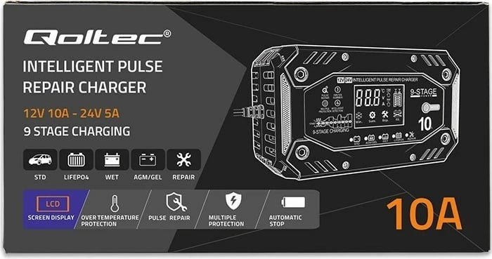 Karikues inteligjent Qoltec 52482, 12-24V, 10A, LCD, Blu