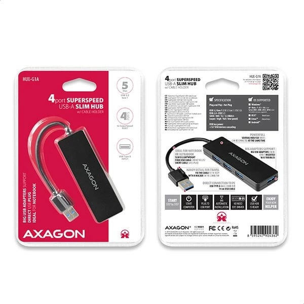 Kasë USB AXAGON HUE-G1A, 4 porta, USB 3.2 Gen 1, kabllo 14cm, e zezë