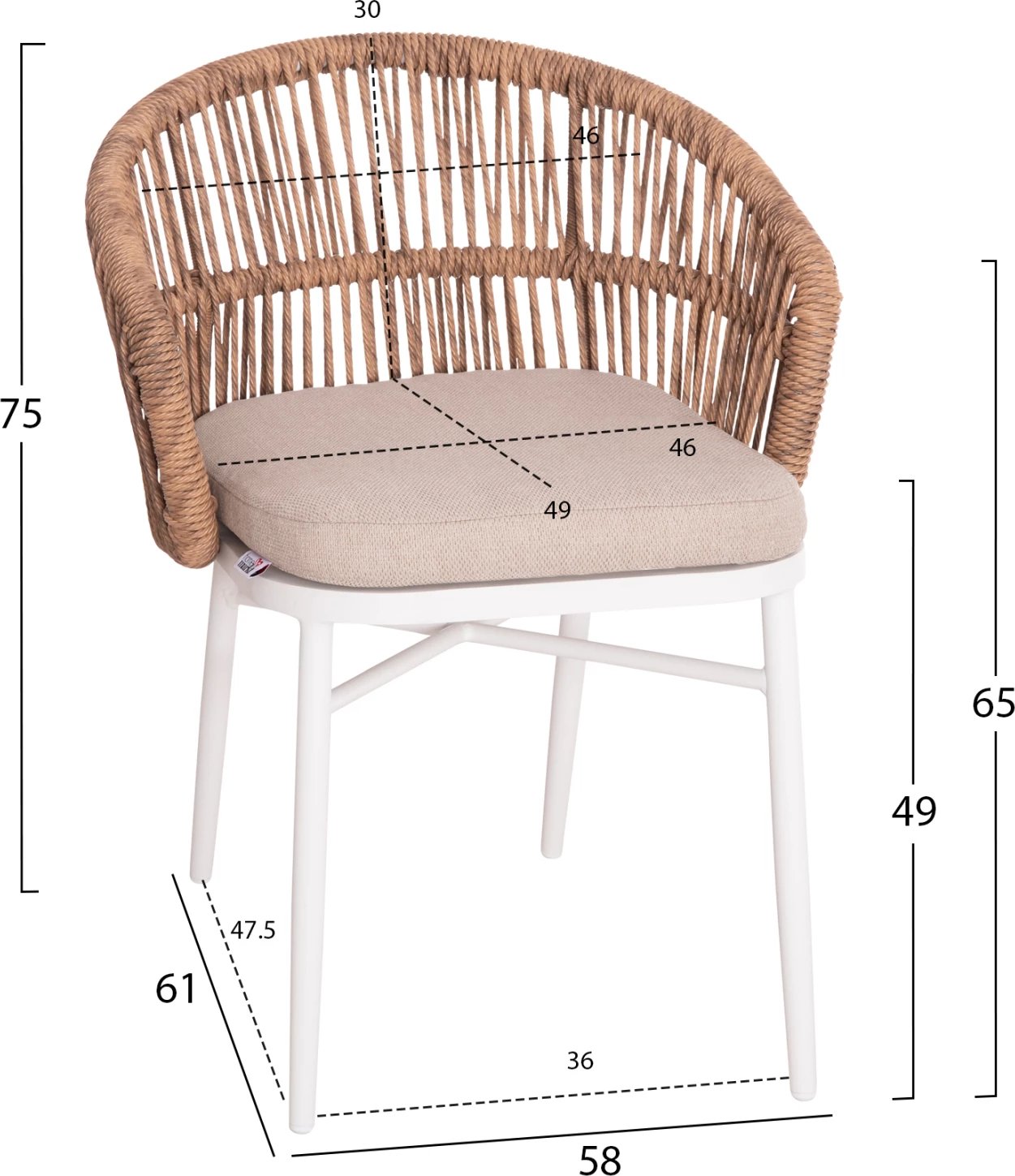 Karrige alumini ALABAMA FH6265.02 ngjyrë e bardhë-P.E. Rattan natyral-jastëk bezhë 58x61x75Hcm